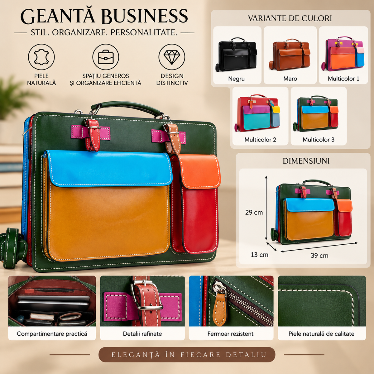 Geanta Dama din Piele Naturala 39 x 13 x 29 cm – Spatioasa, 2 Compartimente si 3 Buzunare Exterioare