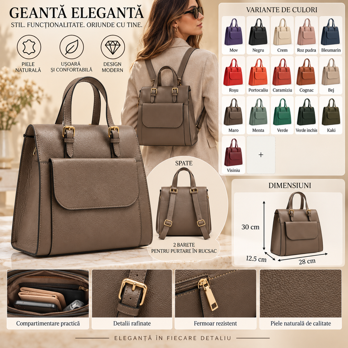 Rucsac Dama din Piele Naturala 28 x 12.5 x 30 cm – Spatios, 4 Buzunare si Barete Detasabile