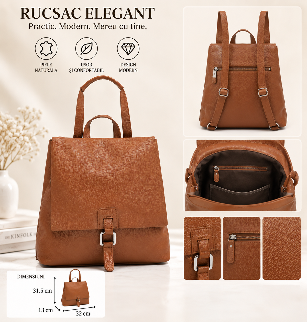 Rucsac Dama din Piele Naturala 32 x 13 x 31.5 cm – Convertibil in Poseta, Compartimentat si cu Bretele Reglabile