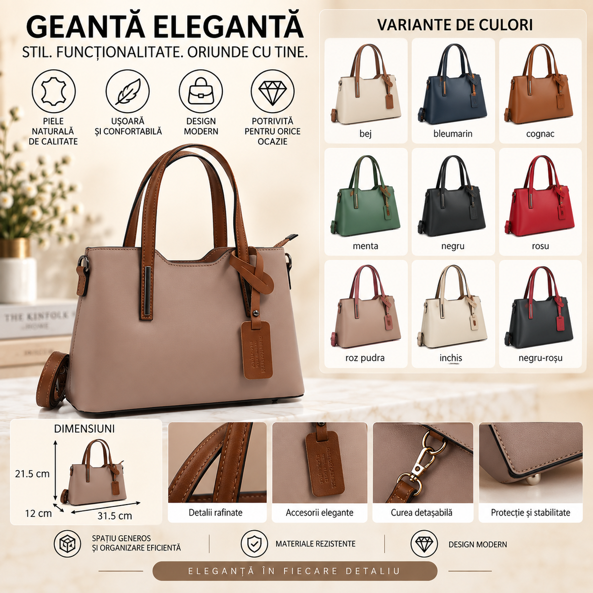Geanta Dama din Piele Naturala 31.5 x 12 x 21.5 cm – 2 Compartimente, 4 Buzunare si Bareta de Umar