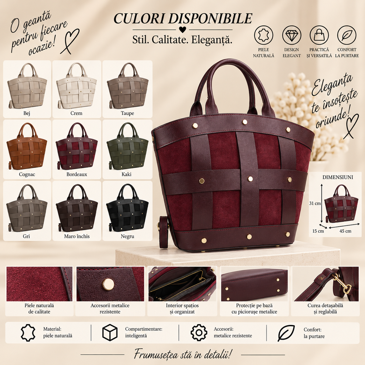 Geanta Dama Mare din Piele Naturala 45 x 15 x 31 cm – Spatioasa, Eleganta si cu Bareta Reglabila