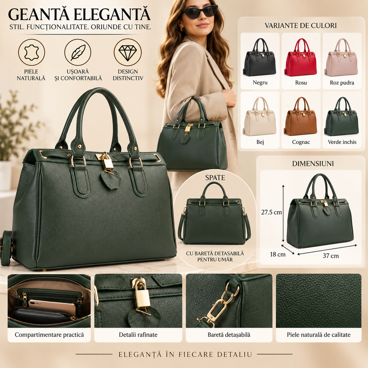 Geanta Dama din Piele Naturala 37 x 18 x 27.5 cm – Spatioasa, 2 Compartimente si 4 Buzunare