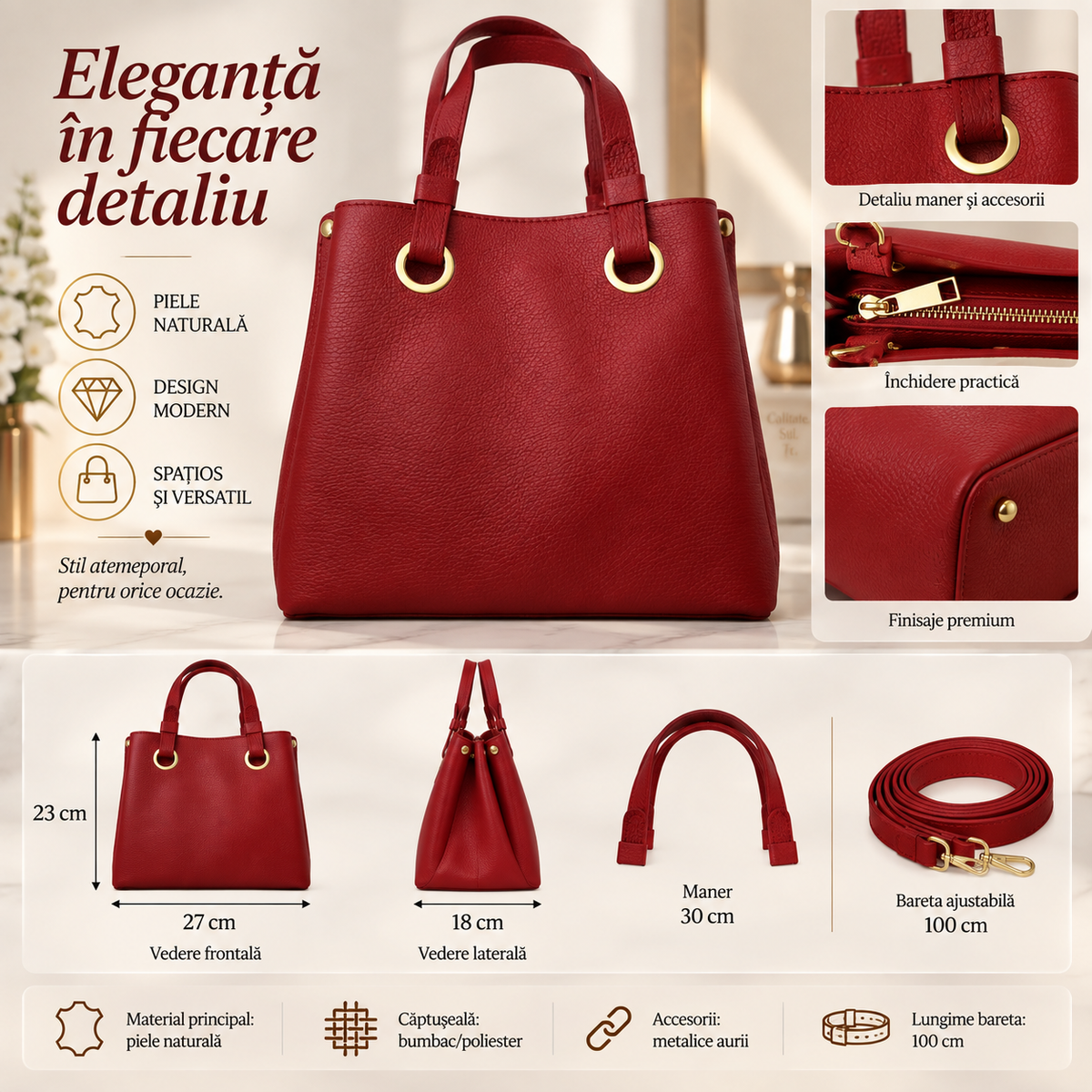 Geanta Dama Rosie din Piele Naturala 27 x 23 x 18 cm – Eleganta, Spatioasa si cu Accesorii Aurii