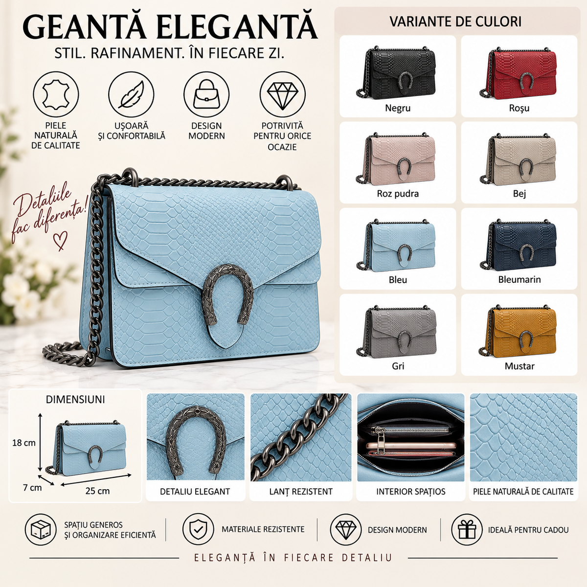 Geanta Mini Dama din Piele Naturala 25 x 7 x 18 cm – Compacta, Eleganta si cu Bareta din Zale