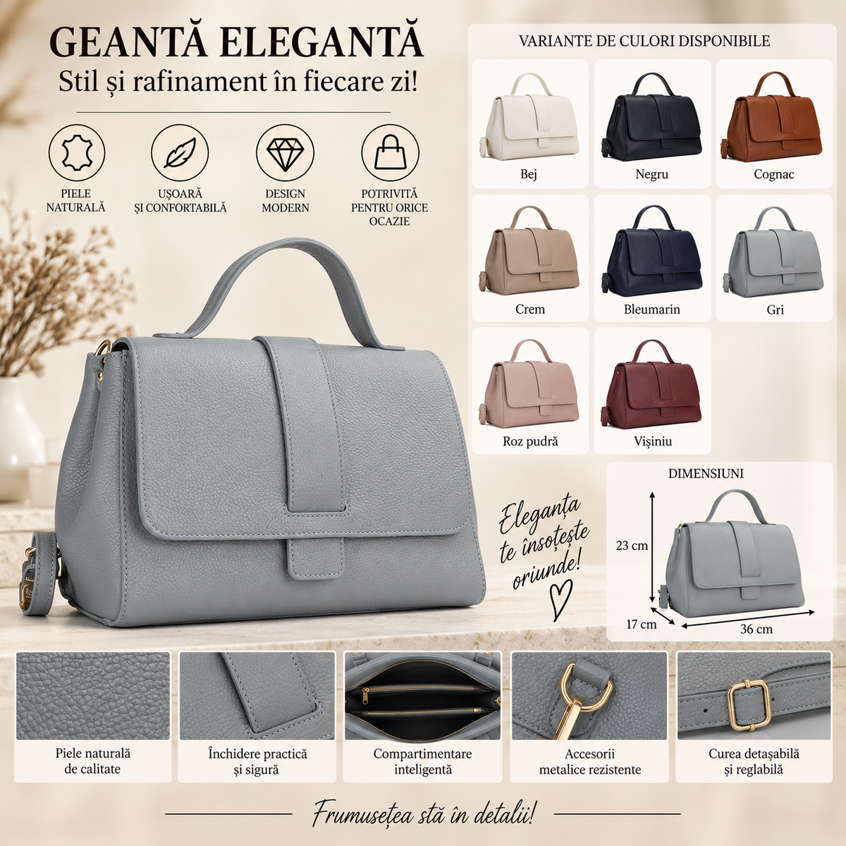 Geanta Dama din Piele Naturala 36 x 17 x 23 cm – Spatioasa, 2 Buzunare si Bareta Reglabila