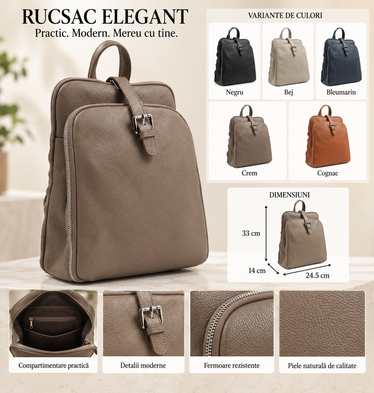 Rucsac Dama din Piele Naturala 24.5 x 14 x 33 cm – Convertibil in Poseta, Elegant si cu Barete Reglabile
