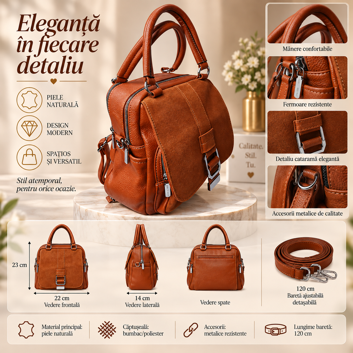 Geanta Dama Maro din Piele Naturala cu Accente Suede – Eleganta, Versatila si cu Bareta Reglabila