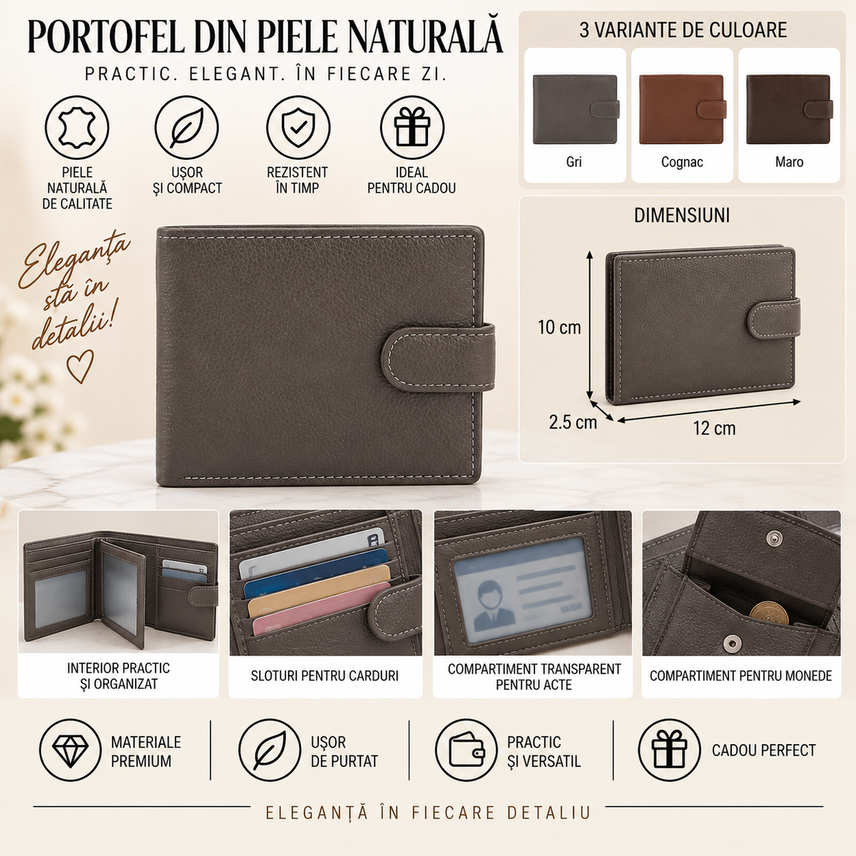 Portofel din Piele Naturala 12 x 2.5 x 10 cm – Compact, Elegant si Practic