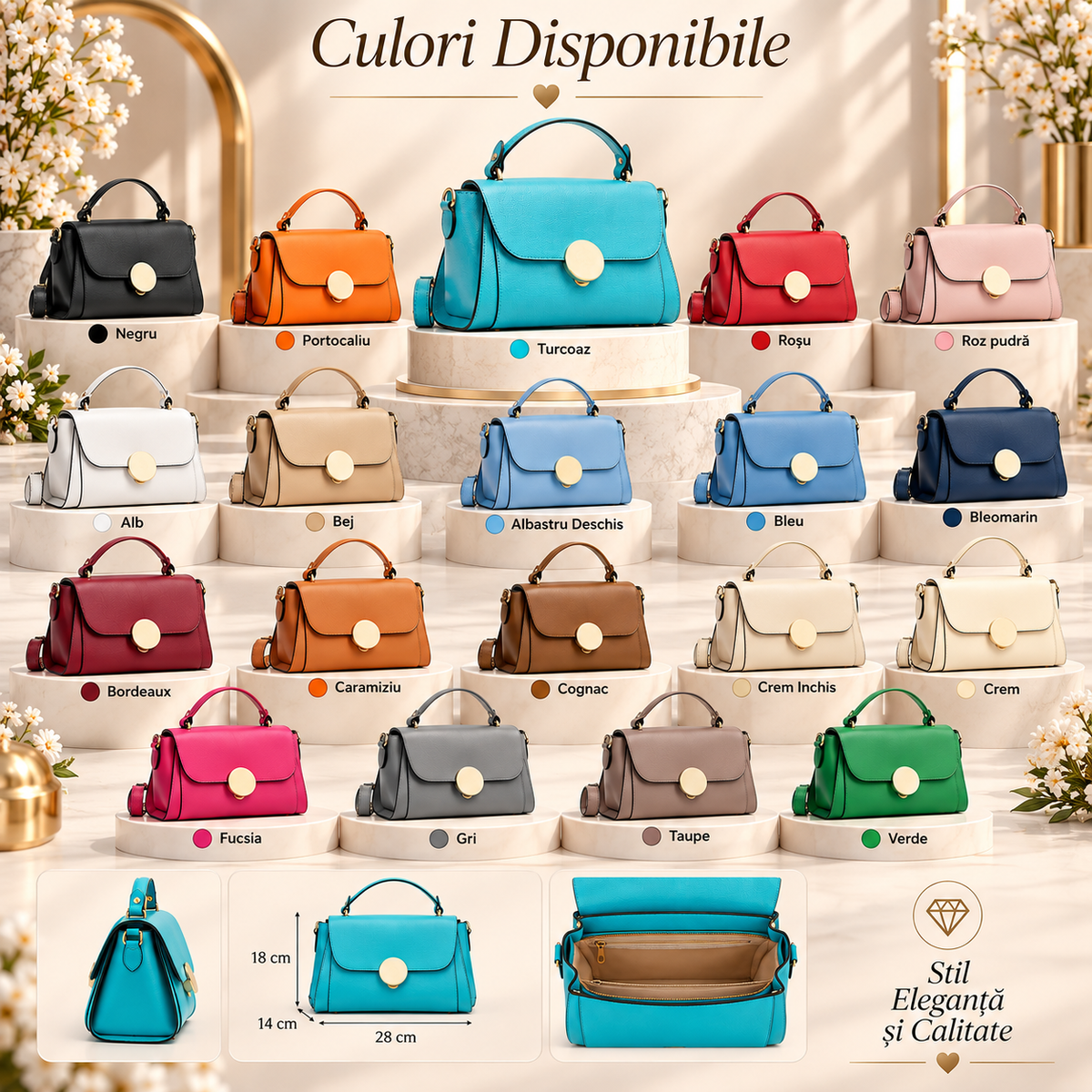 Geanta Dama din Piele Naturala 28 x 14 x 18 cm – Compacta, Eleganta si cu Bareta Reglabila