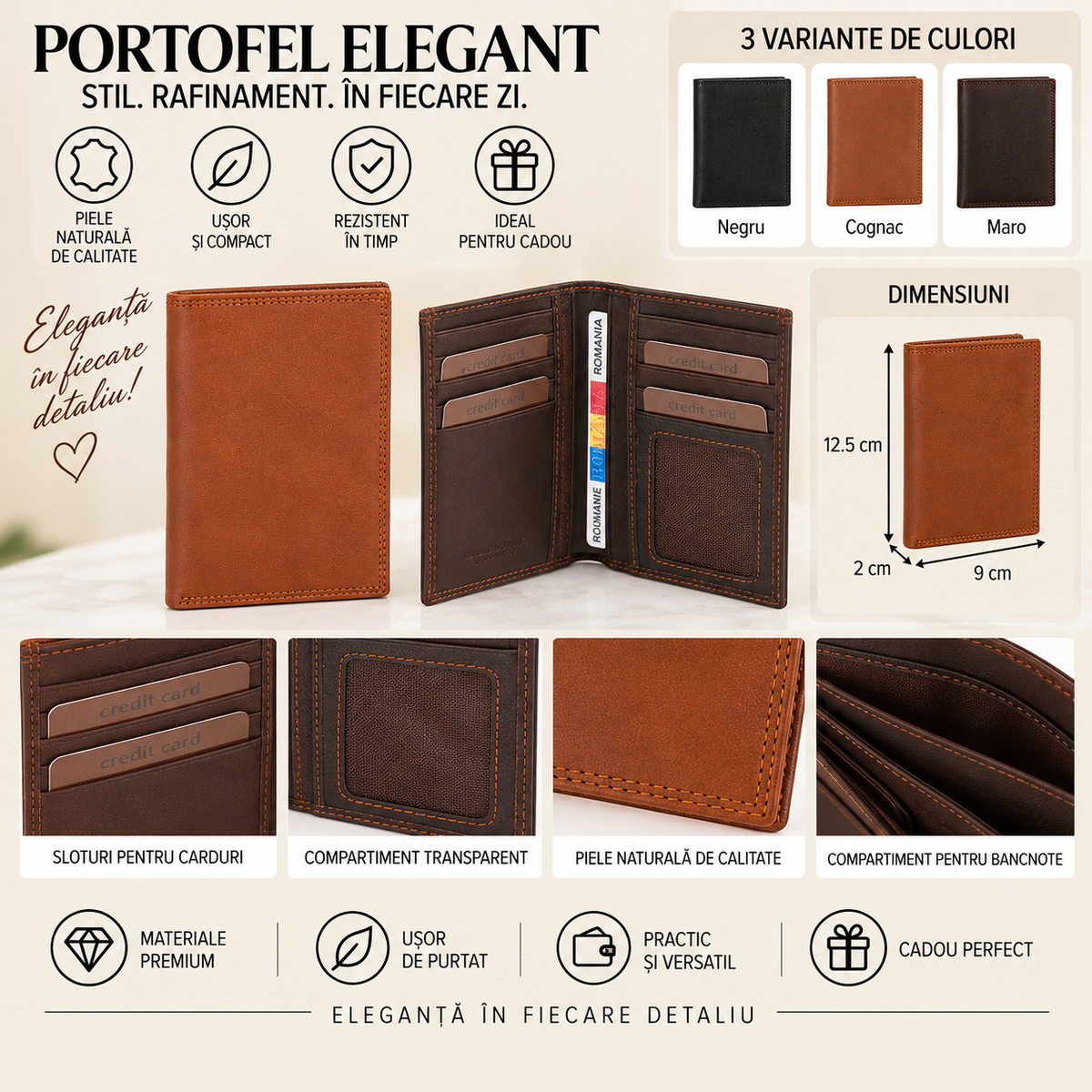 Portofel din Piele Naturala 9 x 2 x 12.5 cm – Compact, Elegant si Practic