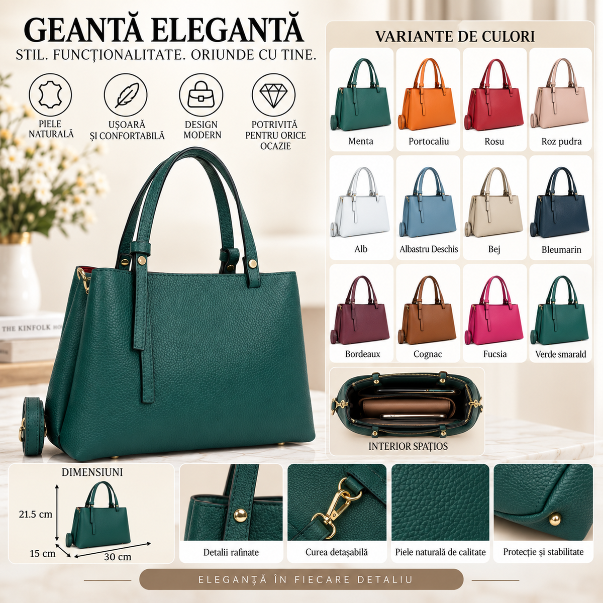 Geanta Dama din Piele Naturala 30 x 15 x 21.5 cm – Eleganta, 3 Compartimente si Bareta de Umar