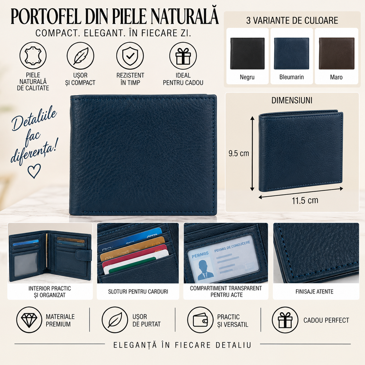Portofel din Piele Naturala 11.5 x 9.5 cm – Compact, Elegant si Practic
