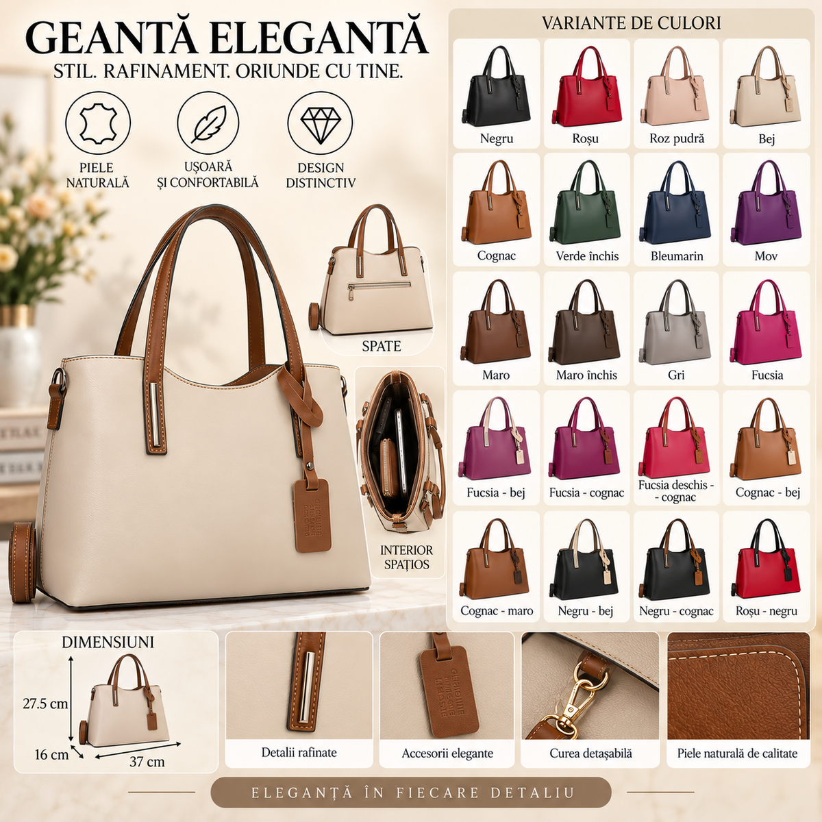 Geanta Dama din Piele Naturala 37 x 16 x 27.5 cm – Spatioasa, 2 Compartimente si 5 Buzunare