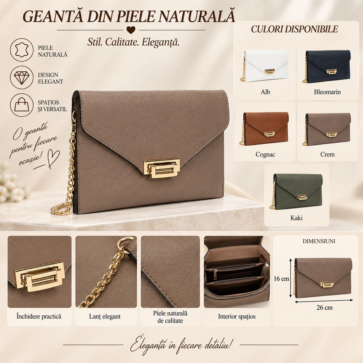 Geanta Dama din Piele Naturala 26 x 16 cm – 3 Compartimente si Bareta Eleganta din Lant
