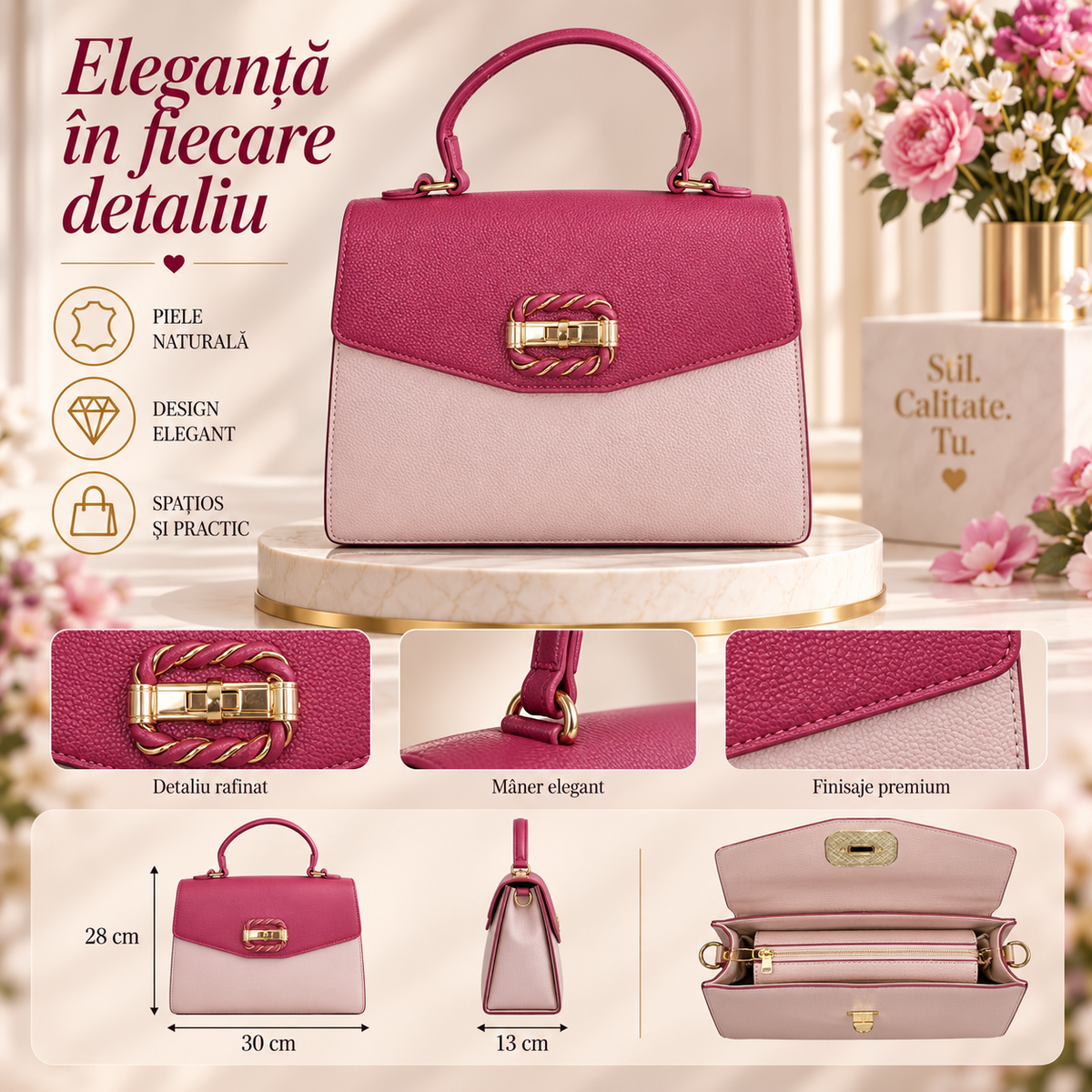 Geanta Dama Bicolora din Piele Ecologica 30 x 28 x 13 cm – Eleganta, Spatioasa si cu Bareta de Umar
