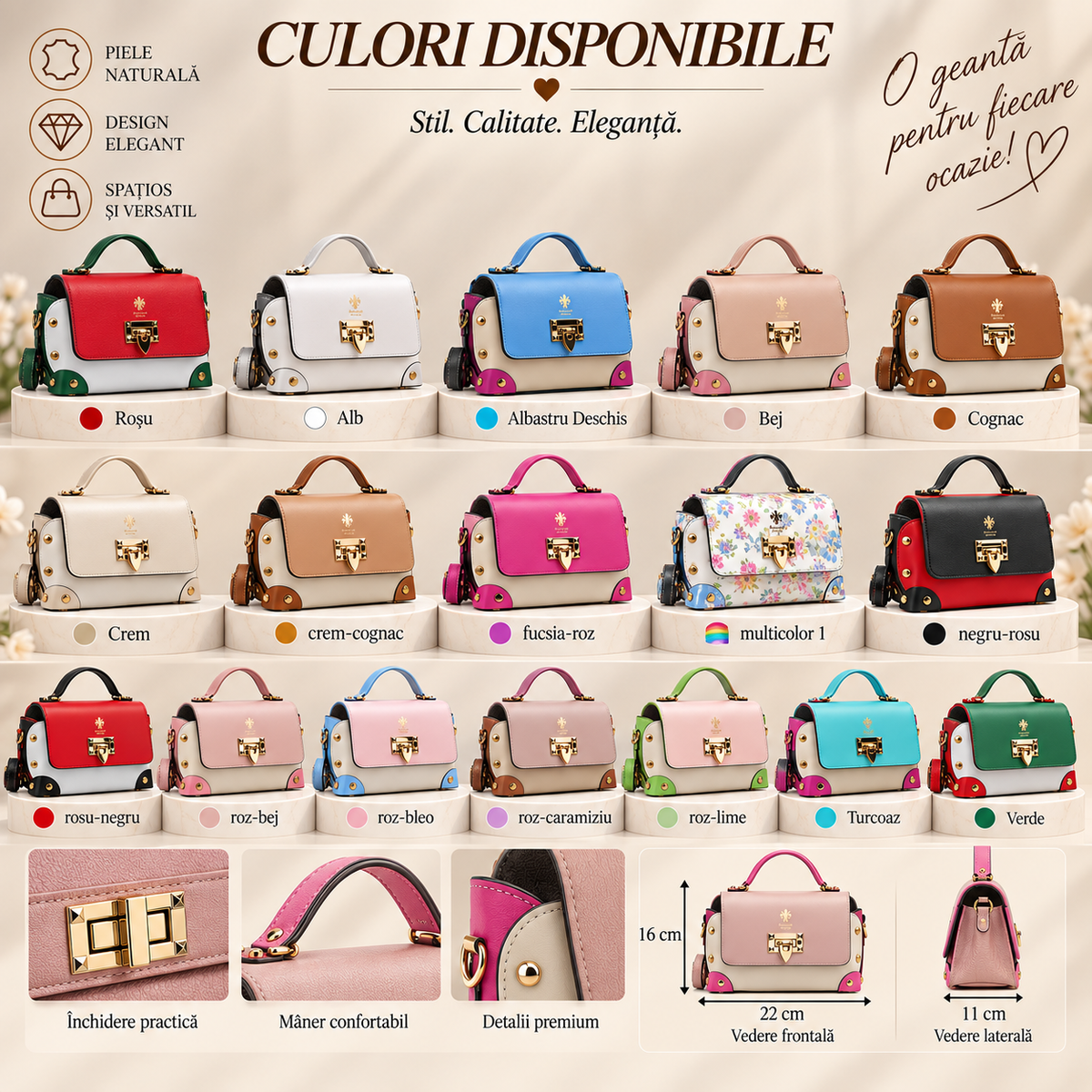 Geanta Dama din Piele Naturala 22 x 11 x 16 cm – Compacta, Eleganta si cu Bareta Reglabila