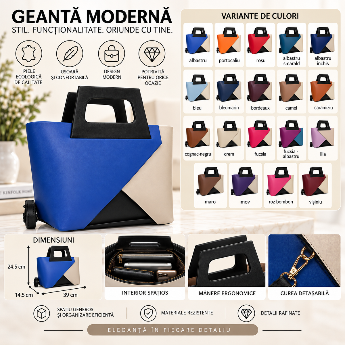 Geanta Dama din Piele Naturala 39 x 14.5 x 24.5 cm – Spatioasa, Compartiment Detasabil si Bareta Reglabila