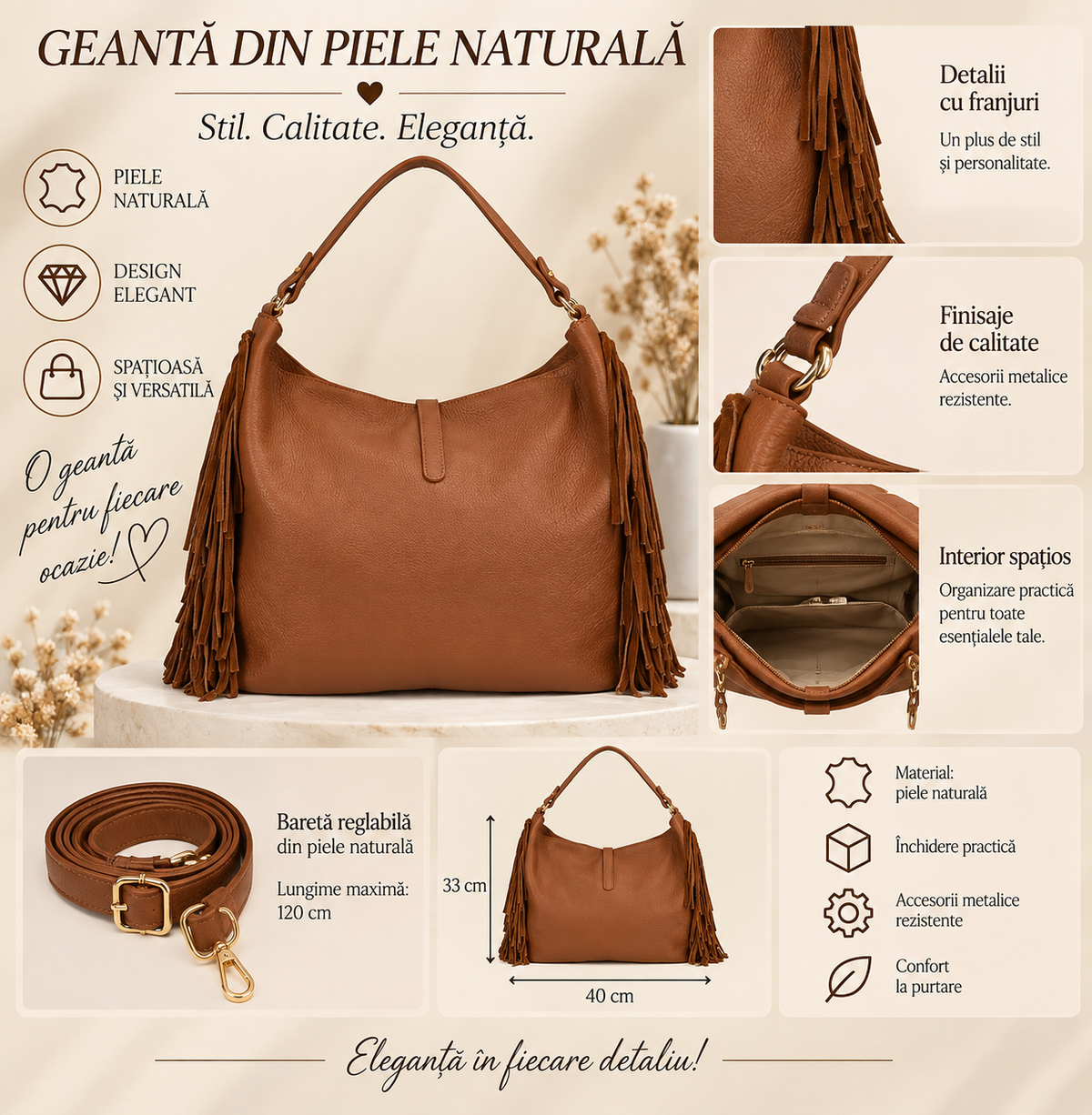 Geanta Dama Mare din Piele Naturala 40 x 33 cm – Spatioasa, Eleganta si cu Bareta Reglabila