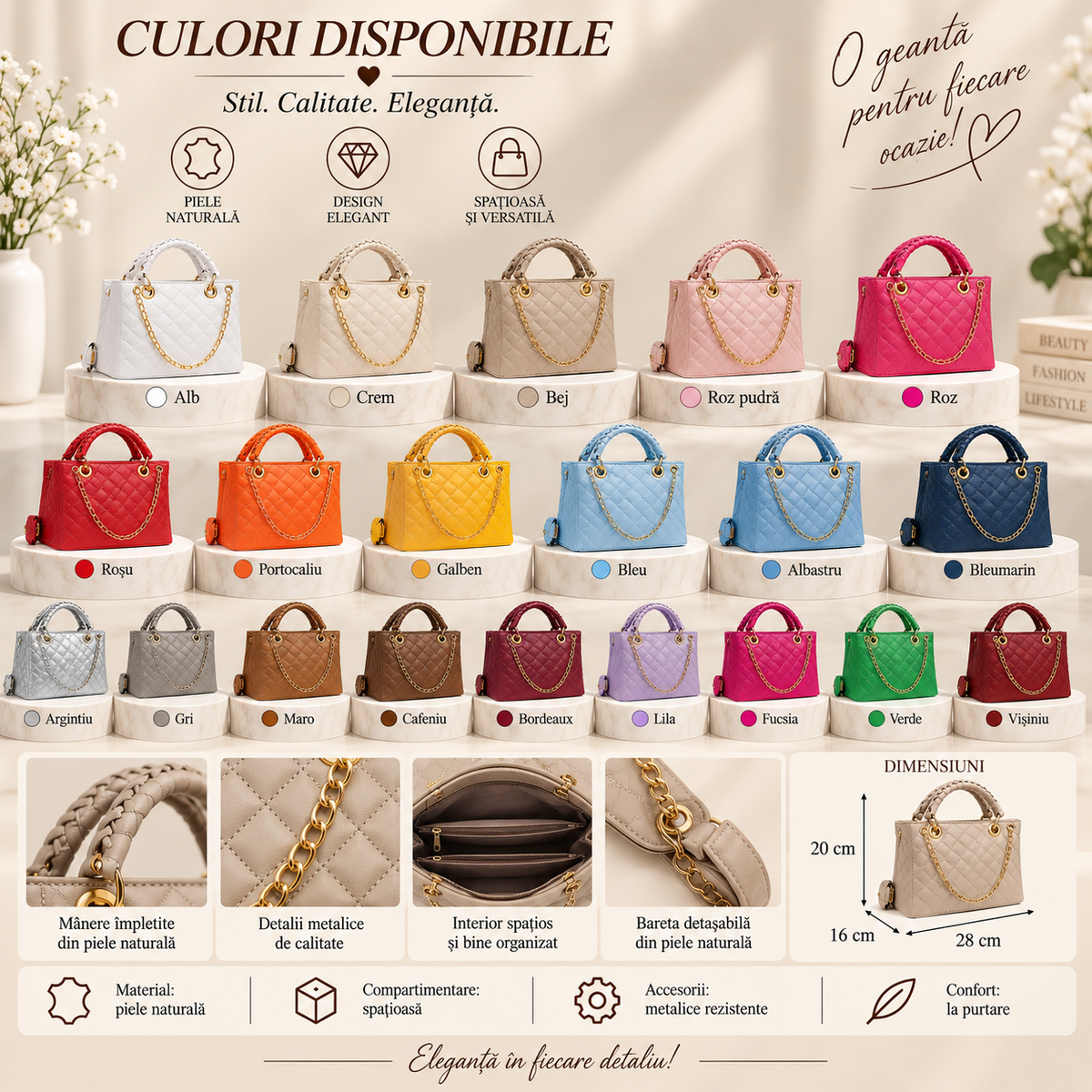 Geanta Mini Dama din Piele Naturala 28 x 16 x 20 cm – 3 Compartimente si Bareta Reglabila