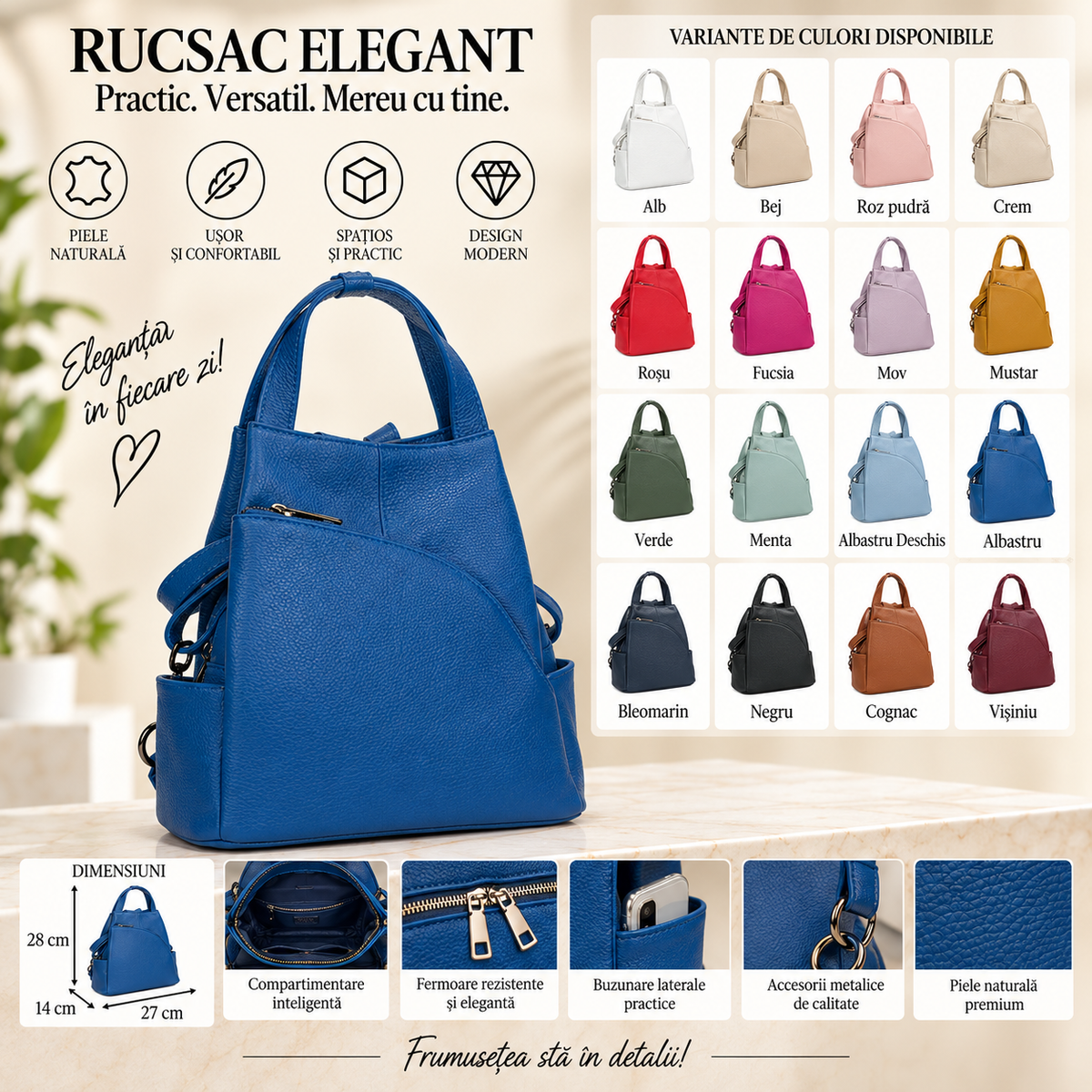 Rucsac Dama din Piele Naturala 27 x 14 x 28 cm – 2 Compartimente si Bretele Reglabile