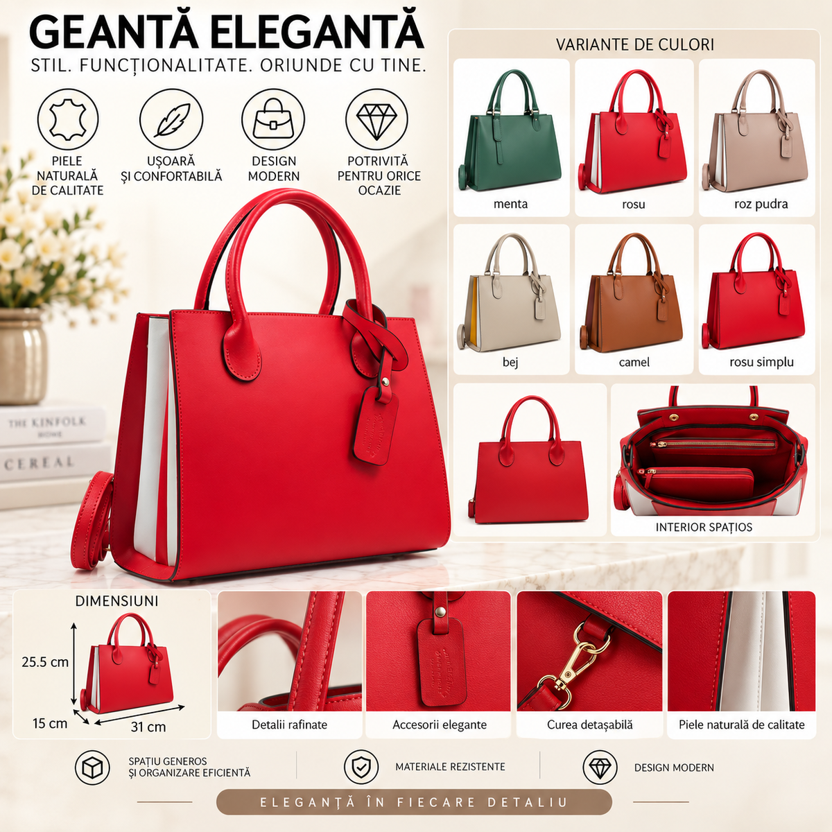 Geanta Dama din Piele Naturala 31 x 15 x 25.5 cm – 3 Compartimente, 3 Buzunare si Bareta de Umar
