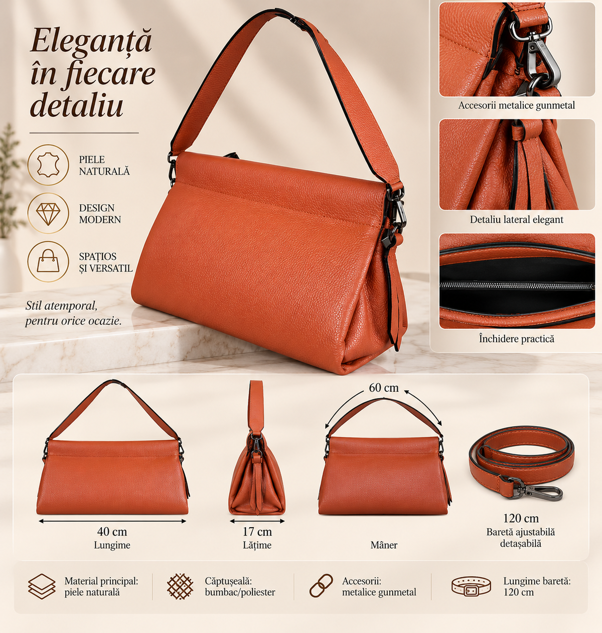 Geanta Dama Trapezoidala din Piele Naturala 40 x 17 cm – Eleganta, Spatioasa si cu Bareta Detasabila