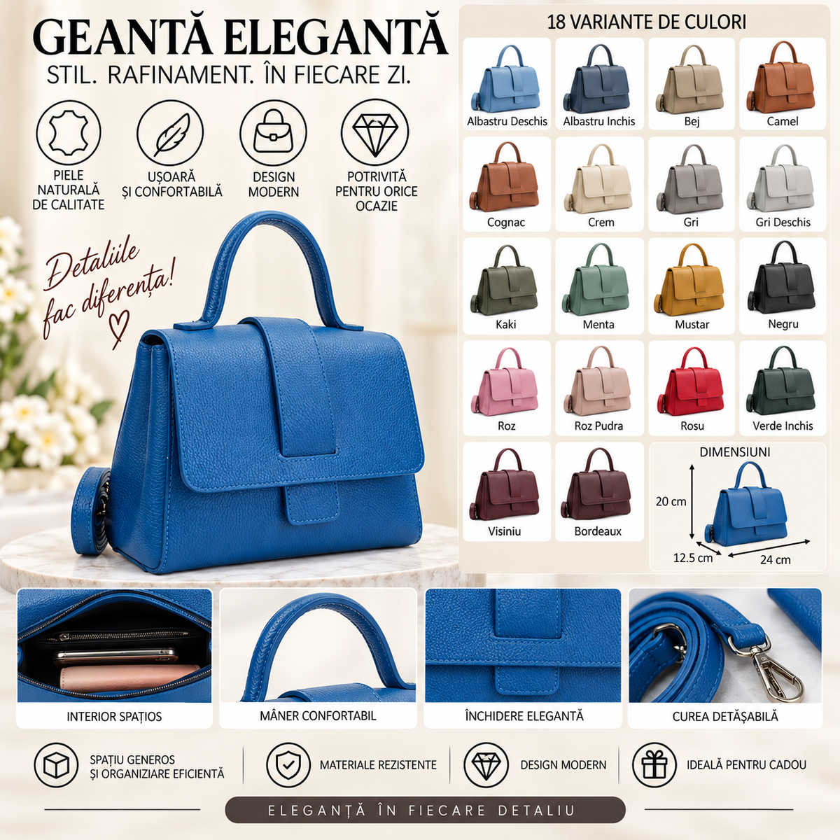 Geanta Dama din Piele Naturala 24 x 12.5 x 20 cm – Compacta, 2 Buzunare si Bareta Reglabila