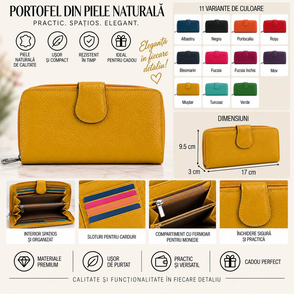 Portofel Dama din Piele Naturala 17 x 3 x 9.5 cm – Compact, Elegant si Practic