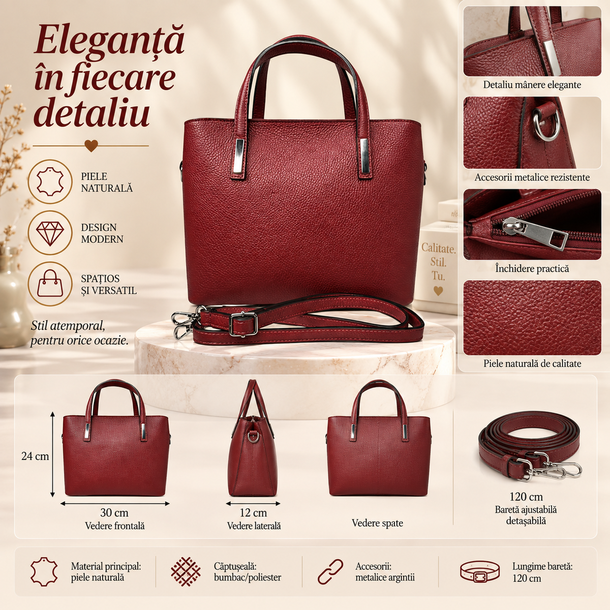 Geanta Dama din Piele Naturala Rosu Burgundiu – Eleganta, Spatioasa si cu Bareta Reglabila