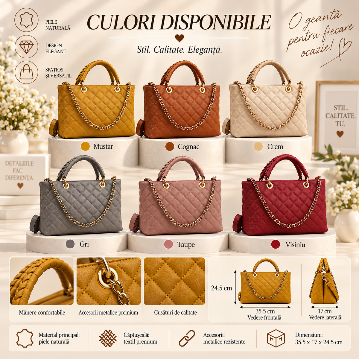 Geanta Dama din Piele Naturala 35.5 x 17 x 24.5 cm – 3 Compartimente, Bareta Reglabila si Lant cu Zale