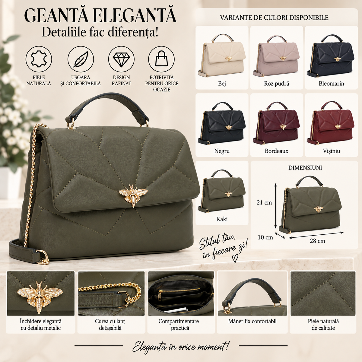 Geanta Dama din Piele Naturala 28 x 10 x 21 cm – 3 Compartimente si Bareta din Piele cu Zale
