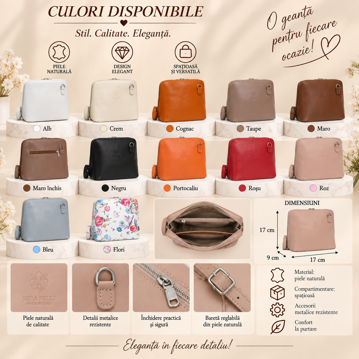 Geanta Mini Dama din Piele Naturala 17 x 9 x 17 cm – 3 Compartimente si Buzunar Exterior