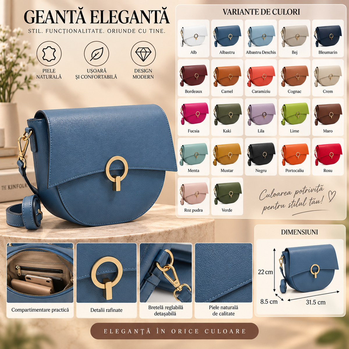 Geanta Dama din Piele Naturala 31.5 x 8.5 x 22 cm – 3 Buzunare si 2 Barete