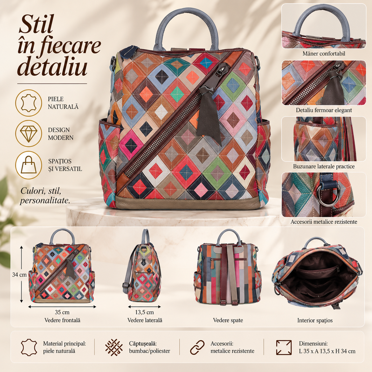 Rucsac Dama din Piele Naturala 35 x 13.5 x 34 cm – Multicolor, Compartimentat si cu Bretele Ajustabile