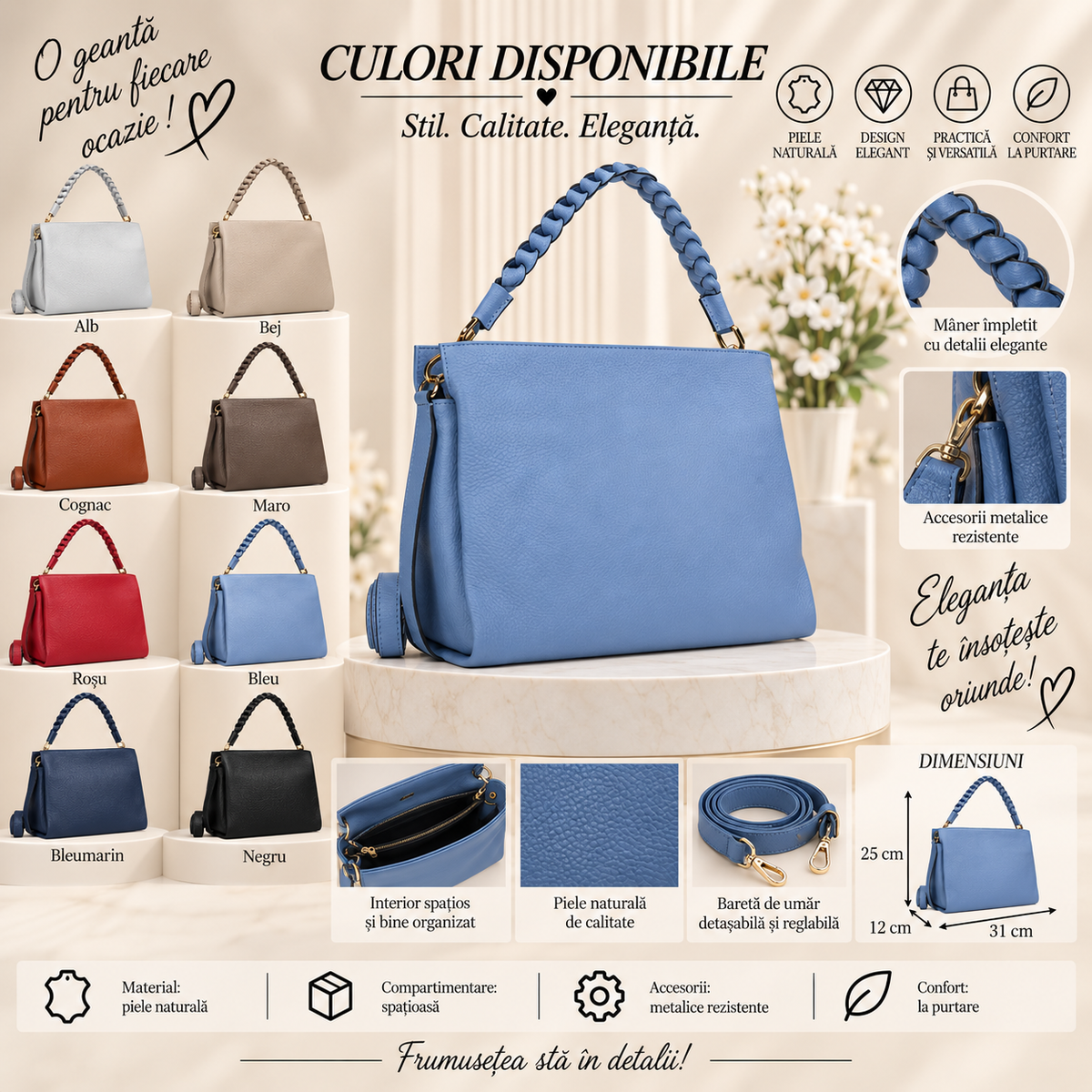 Geanta Dama din Piele Naturala 31 x 12 x 25 cm – 3 Compartimente, Buzunare Interioare si Bareta Reglabila