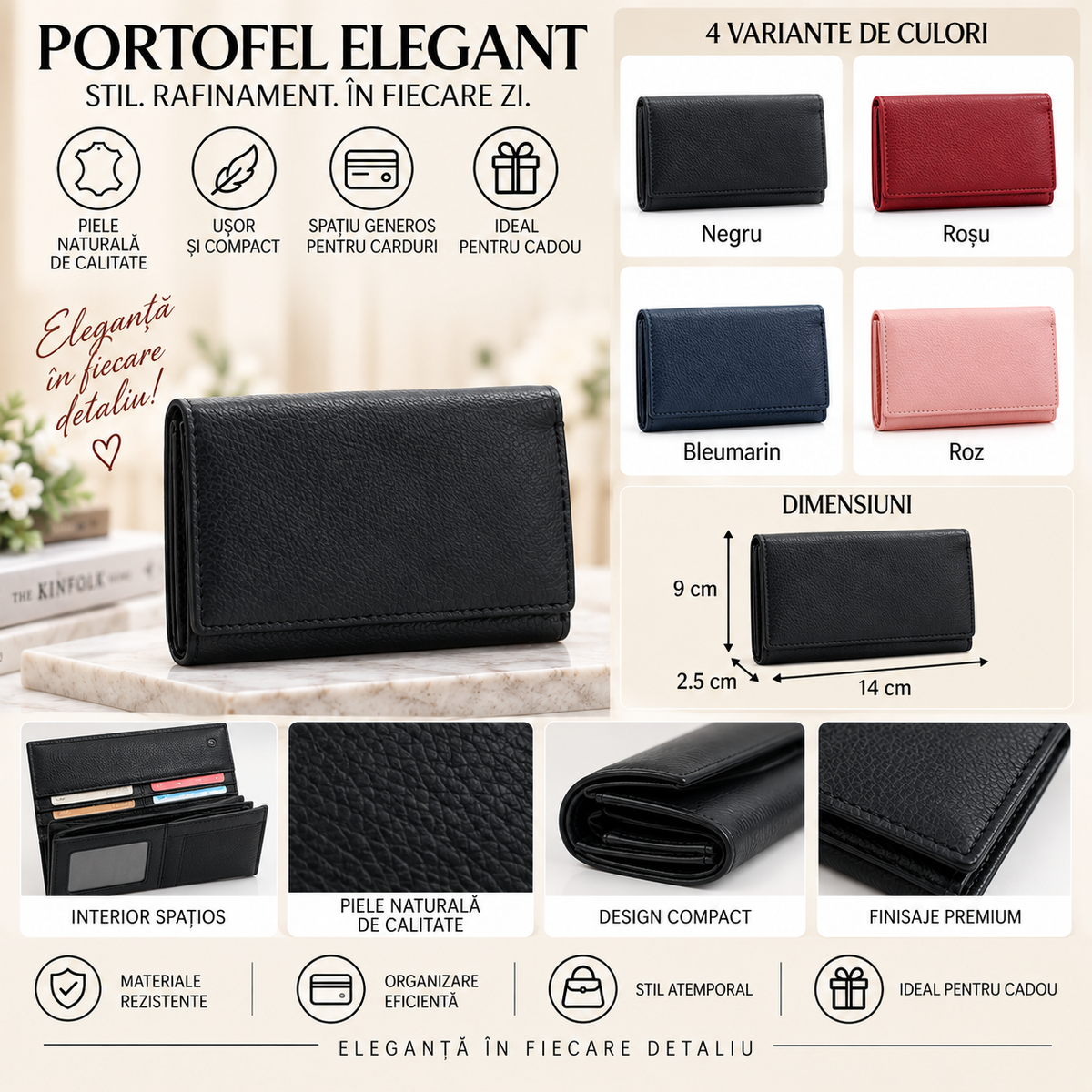 Portofel Dama din Piele Naturala 14 x 2.5 x 9 cm – Compact, Elegant si Compartimentat
