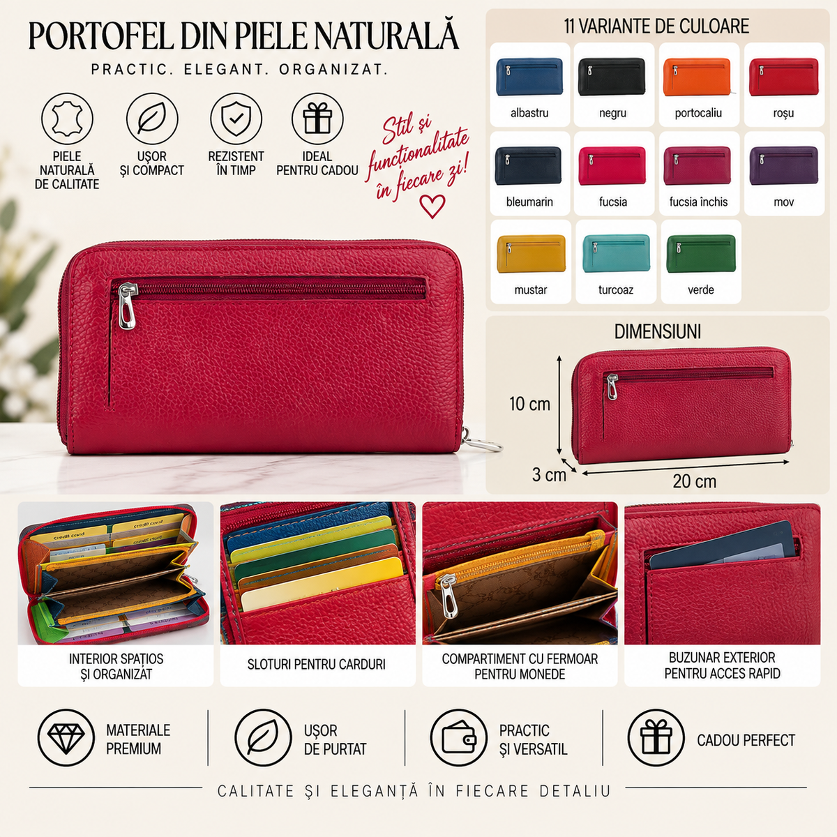 Portofel Dama din Piele Naturala 20 x 3 x 10 cm – Elegant, Spatios si Compartimentat