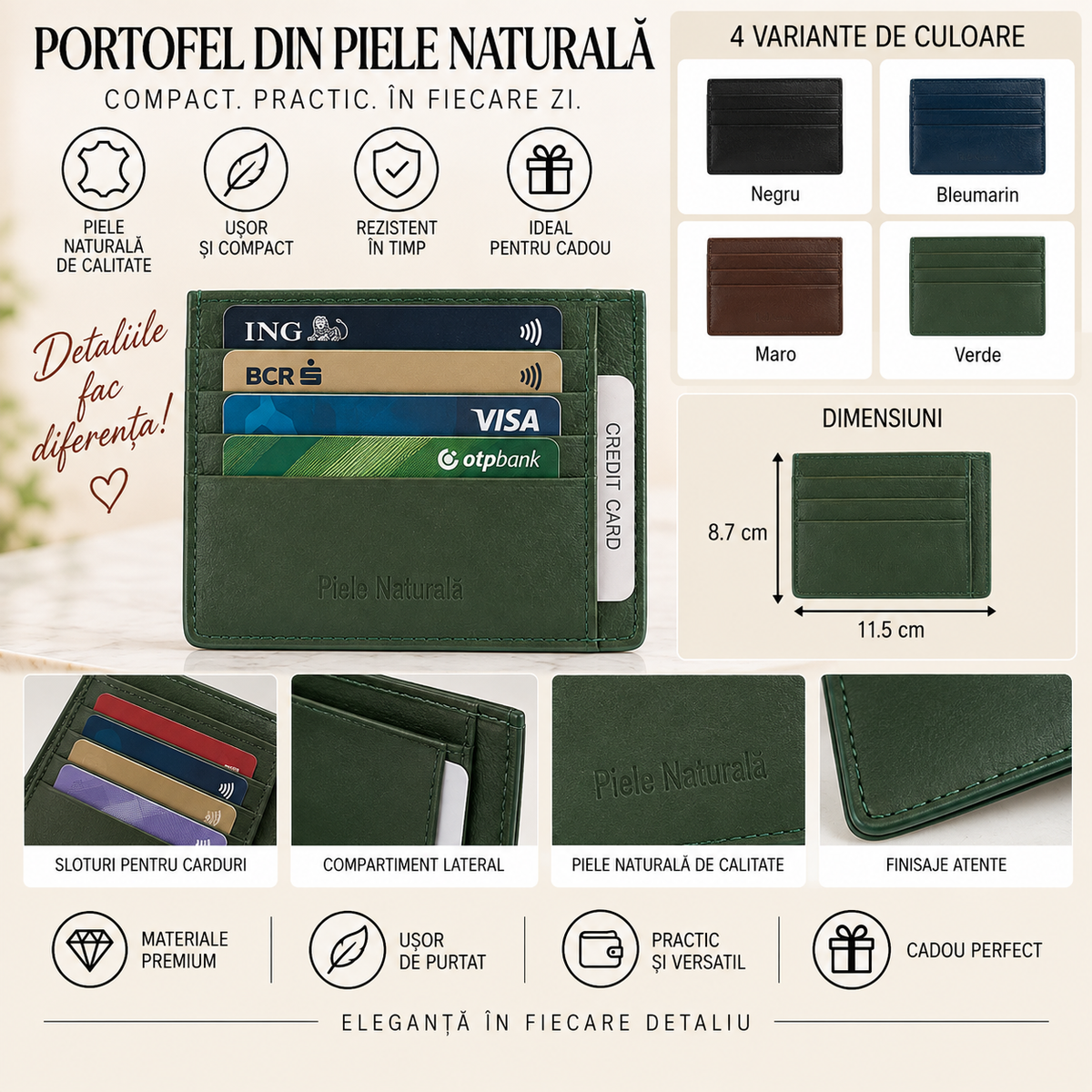 Portofel din Piele Naturala 11.5 x 8.7 cm – Compact, Elegant si Practic