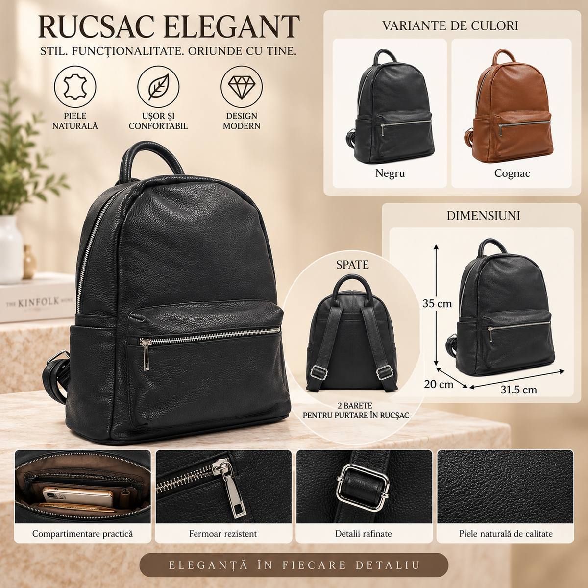 Rucsac Dama din Piele Naturala 31.5 x 20 x 35 cm – Spatios, 5 Buzunare si Bretele Reglabile
