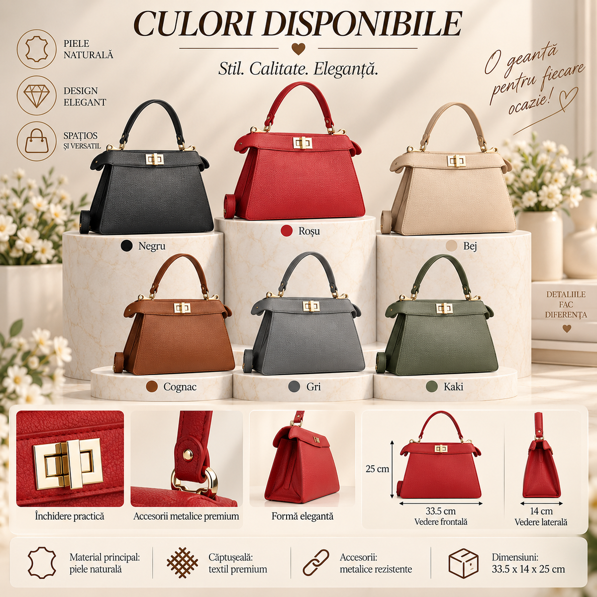 Geanta Dama din Piele Naturala 33.5 x 14 x 25 cm – Eleganta, Practica si cu Bareta Reglabila