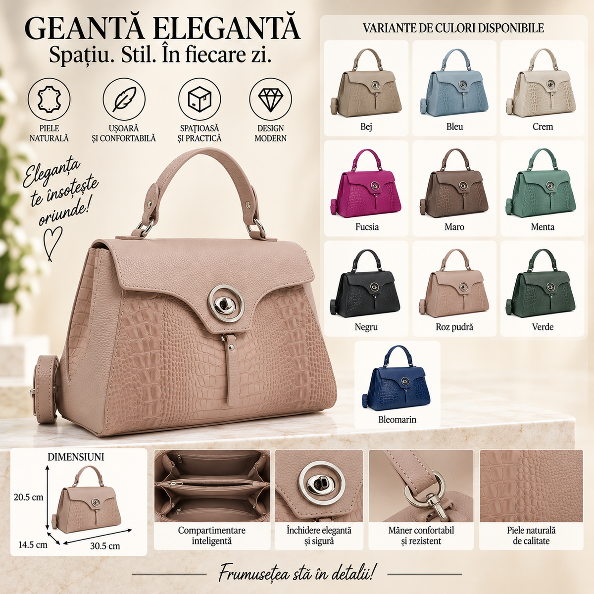 Geanta Dama din Piele Naturala 30.5 x 14.5 x 20.5 cm – 3 Compartimente, 3 Buzunare si Bareta Reglabila