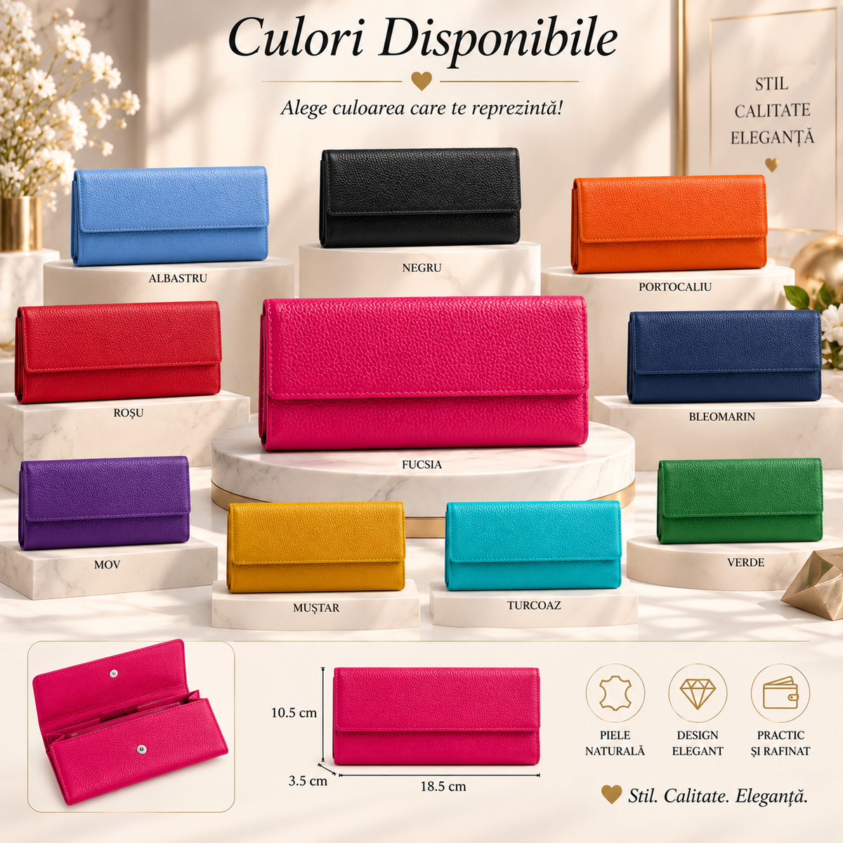Portofel Dama din Piele Naturala 18.5 x 3.5 x 10.5 cm – Elegant, Incapator si Practic