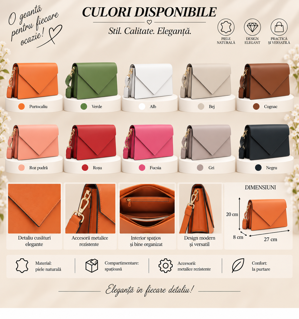 Geanta Dama din Piele Naturala 27 x 8 x 20 cm – 3 Compartimente si 2 Barete