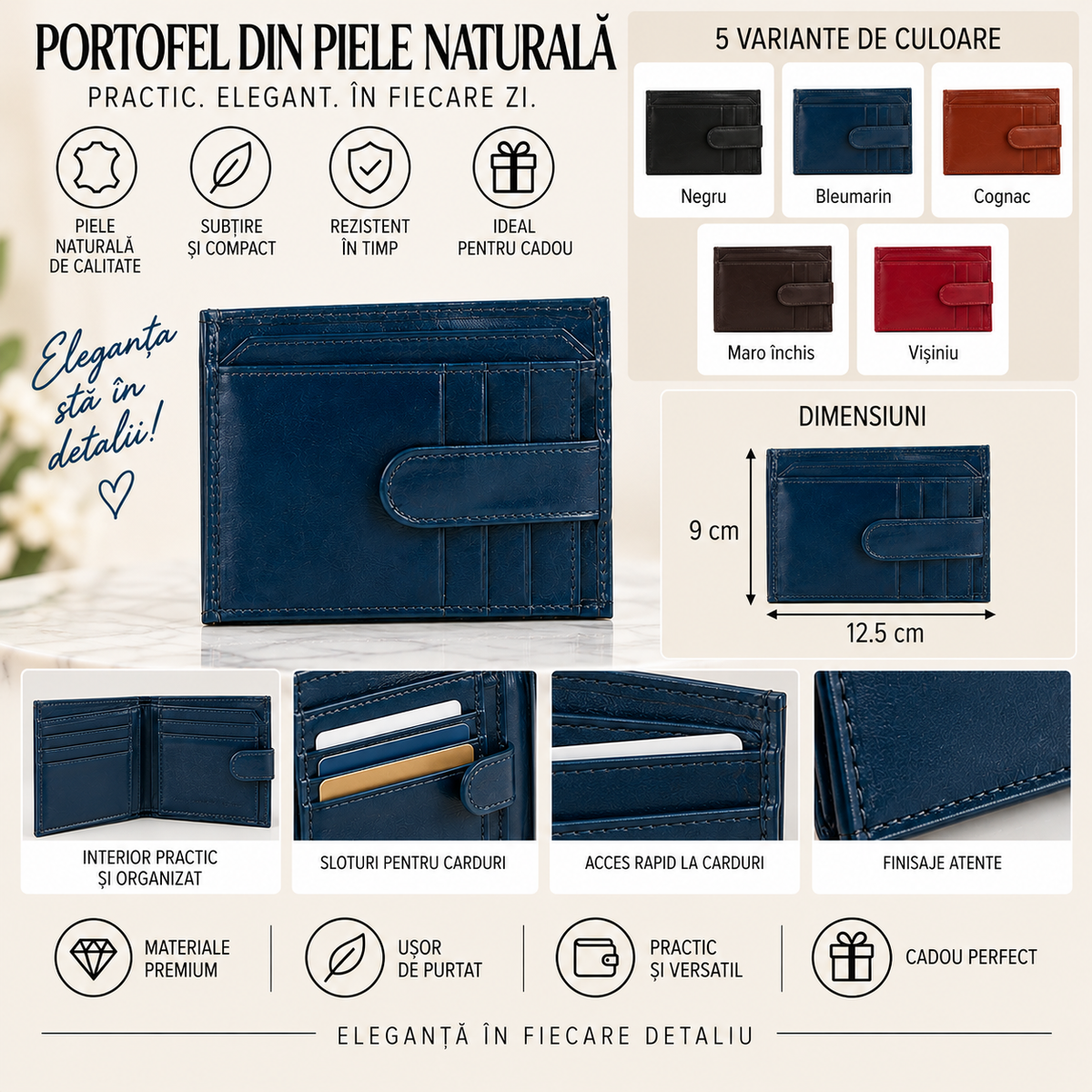 Portofel din Piele Naturala 12.5 x 9 cm – Compact, Elegant si Practic