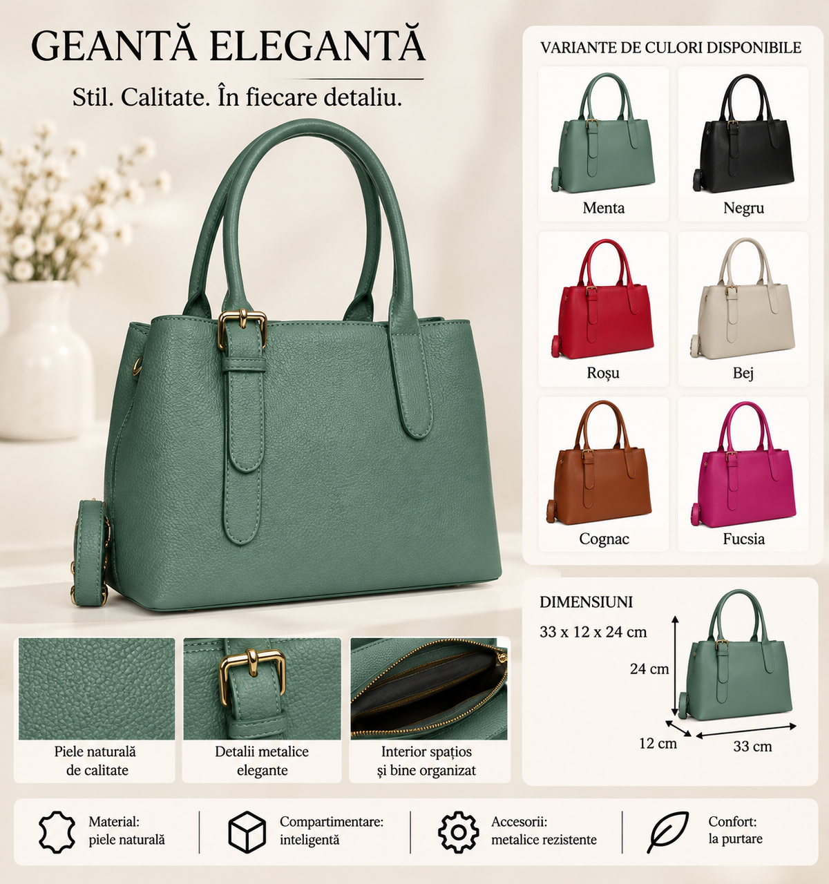 Geanta Dama din Piele Naturala 33 x 12 x 24 cm – 2 Compartimente, 3 Buzunare si Bareta Reglabila