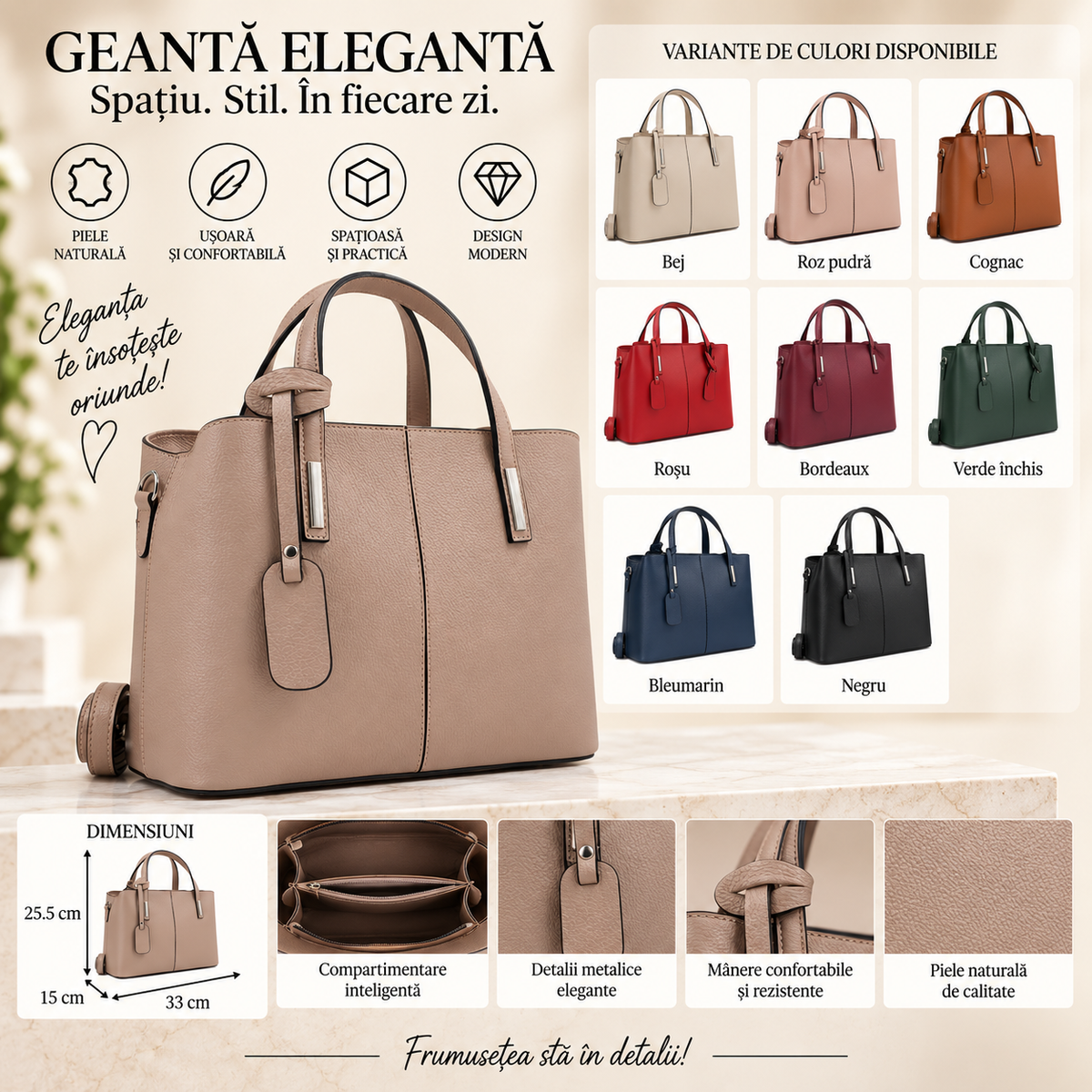 Geanta Dama din Piele Naturala 33 x 15 x 25.5 cm – 3 Compartimente si Bareta Reglabila