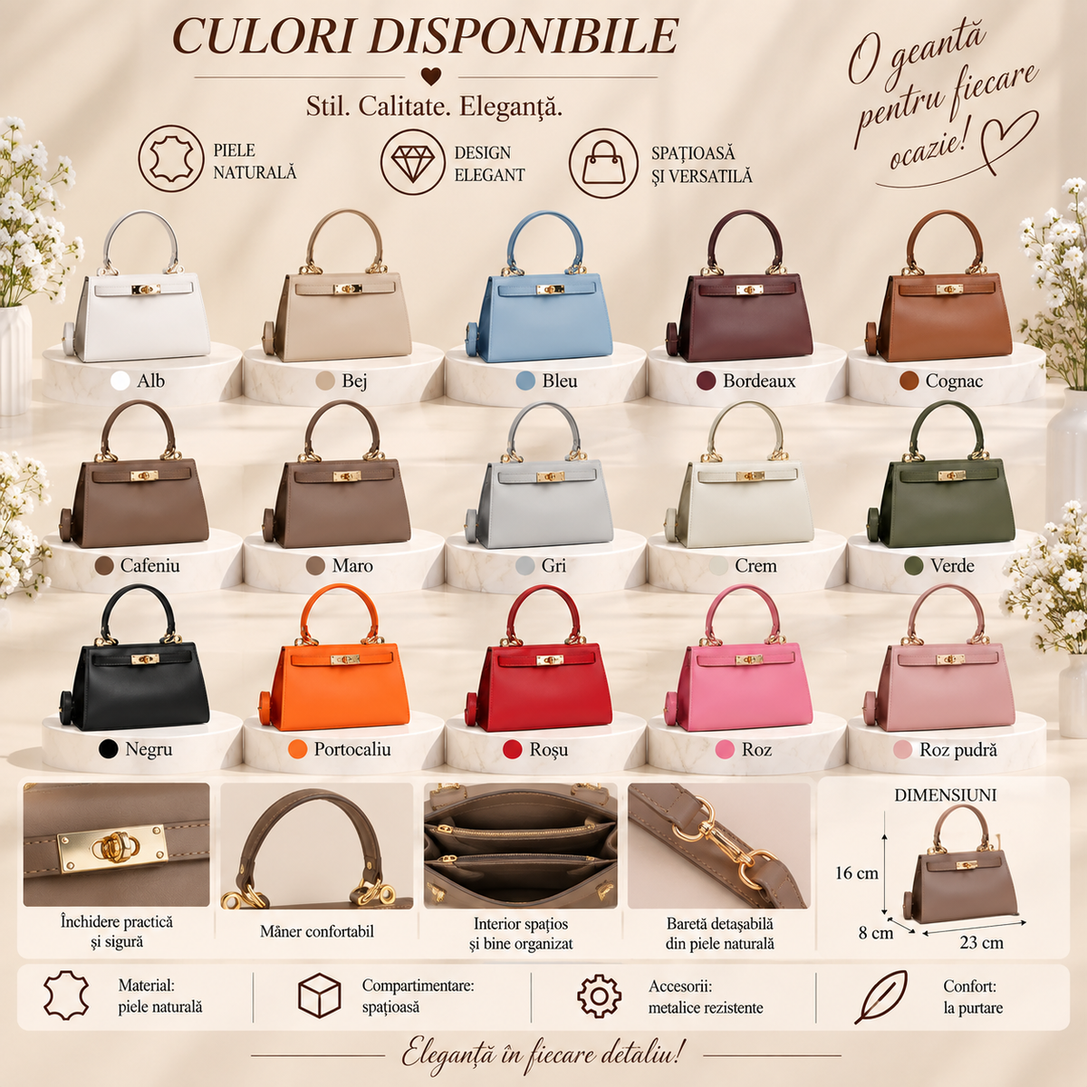 Geanta Mini Dama din Piele Naturala 23 x 8 x 16 cm – Compacta, Eleganta si cu Bareta Reglabila