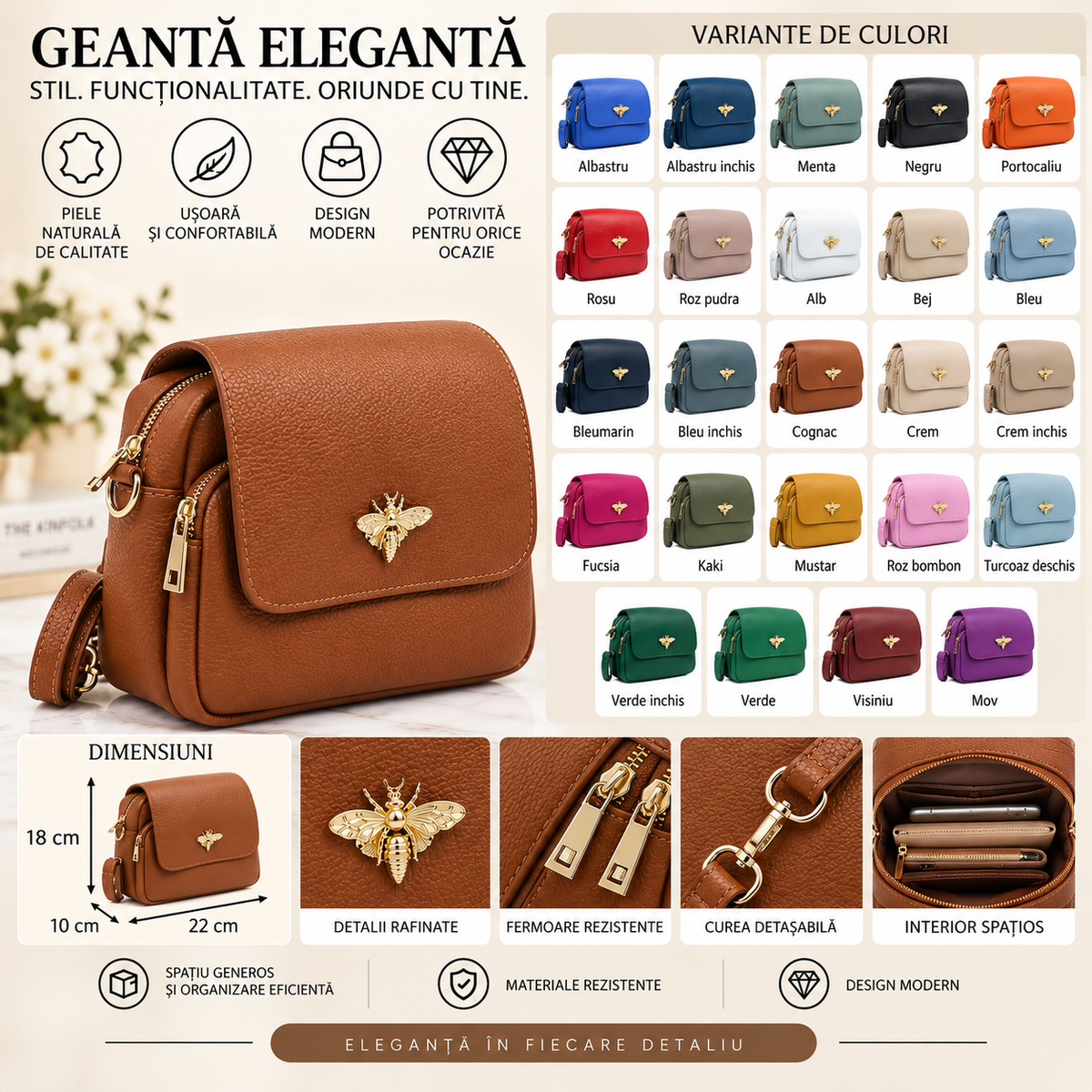 Geanta Mini Dama din Piele Naturala 22 x 10 x 18 cm – 2 Compartimente, 2 Buzunare si Bareta Reglabila