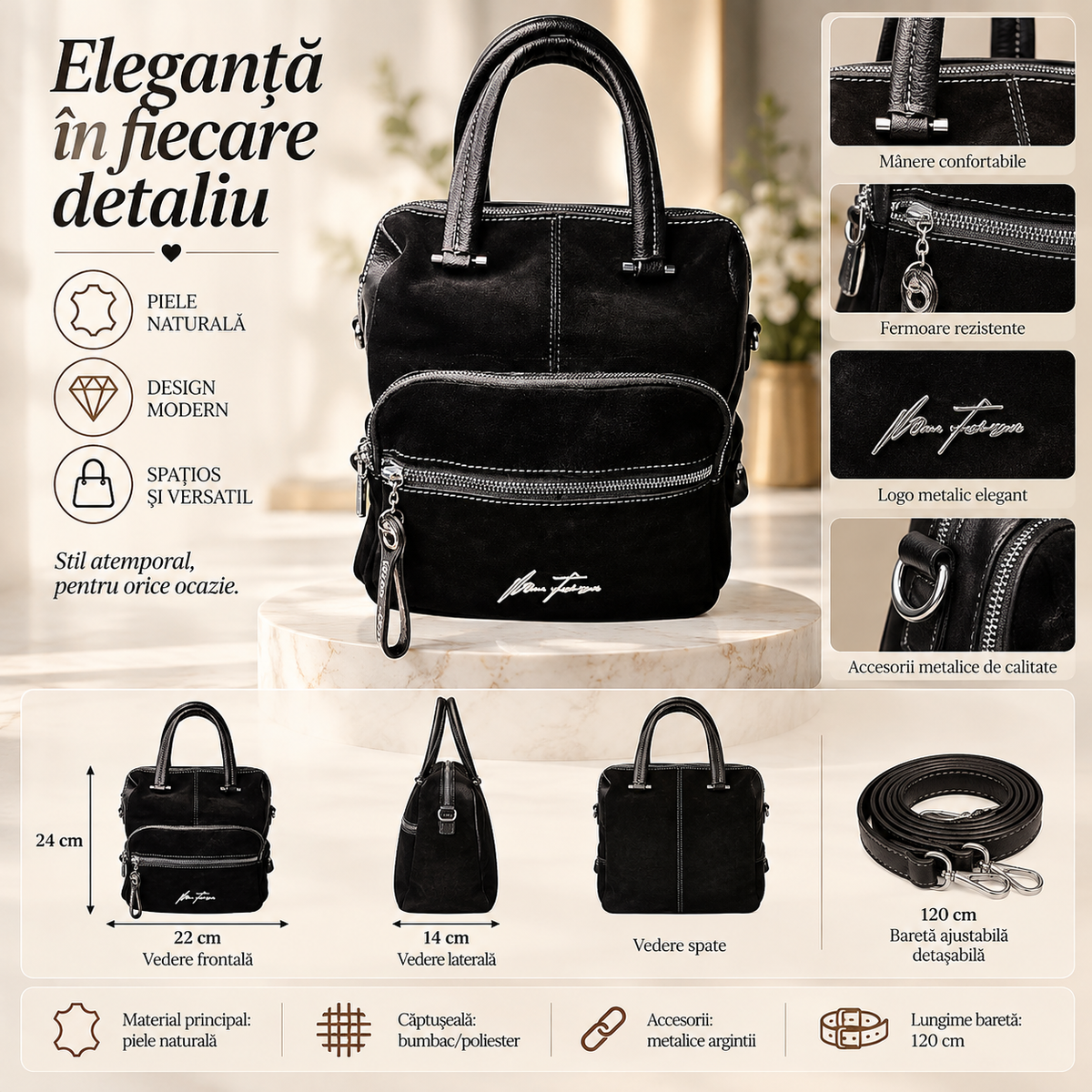 Geanta Dama Neagra din Piele Naturala Suede – Eleganta, Compartimentata si cu Fermoare Metalice