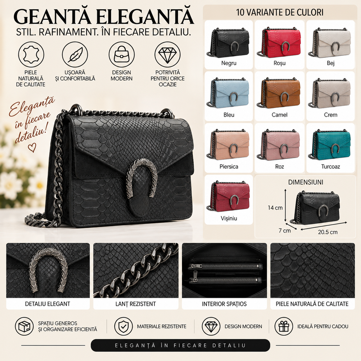 Geanta Mini Dama din Piele Naturala 20.5 x 7 x 14 cm – Compacta, Eleganta si cu Bareta din Zale
